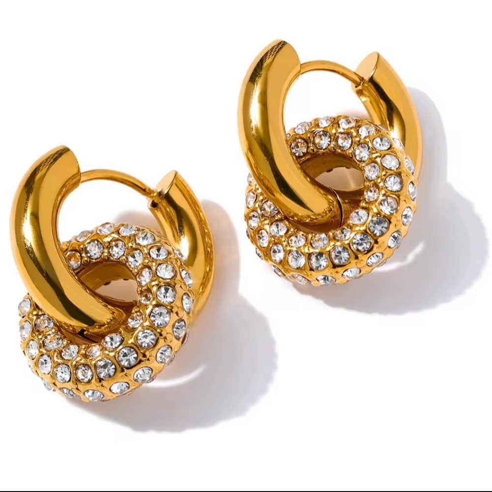 Gold Pavé CZ Double Hoop Huggie Earrings Gold Plated NWOT